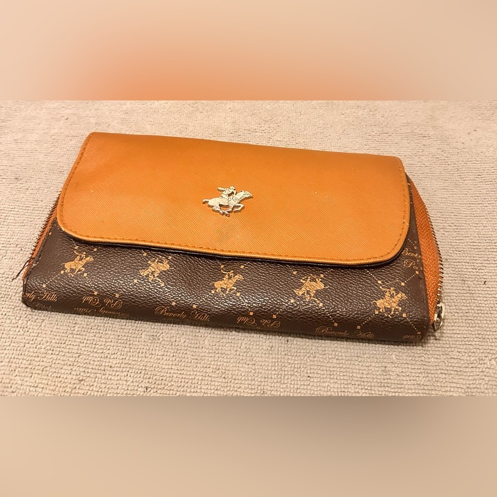 Beverly Hills Polo Club Orange Flap Brown Logo-Print Men's Wallet Clutch